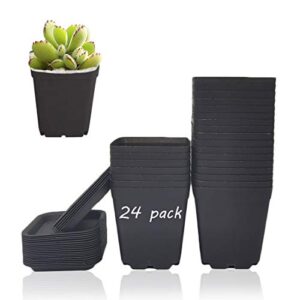 24 pack 3 inch black square plastic nursery pots,flowers plant pot container with saucers for indoor outdoor plants,herbs,foliage plant and seeding nursery