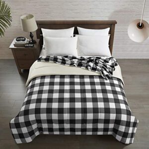 dearfoams 4 piece buffalo plaid soft comforter set includes a comforter,throw and 2 eyemasks,black and white, full, 76"x86"