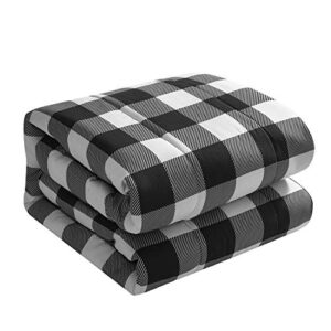 Dearfoams 4 Piece Buffalo Plaid Soft Comforter Set Includes a Comforter,Throw and 2 Eyemasks,Black and White, Full, 76"x86"