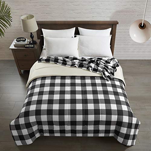 Dearfoams 4 Piece Buffalo Plaid Soft Comforter Set Includes a Comforter,Throw and 2 Eyemasks,Black and White, Full, 76"x86"