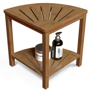 zhuoyue bamboo corner shower stool bench waterproof with storage shelf, for shaving legs or seat in bathroom & inside shower (walnut)