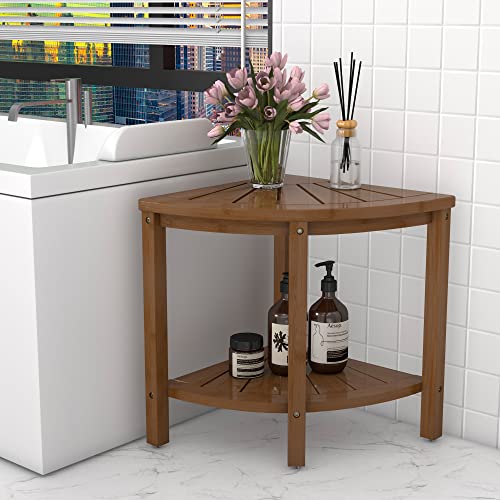 Zhuoyue Bamboo Corner Shower Stool Bench Waterproof with Storage Shelf, for Shaving Legs or Seat in Bathroom & Inside Shower (Walnut)