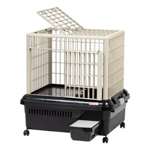 IRIS USA Large Plastic Rolling Rabbit Cage with Top Access Lower Waste Compartment and Caster Wheels, Easy Assembly Movable Small Pet House for Small-Sized Pets Animals, Black/Off-White