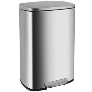 13.2 gallon(50l) trash can, fingerprint proof stainless steel kitchen garbage can with removable inner bucket and hinged lids, pedal rubbish bin for home office