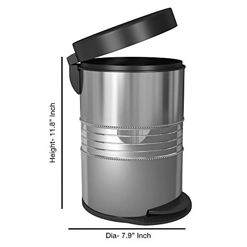 nu steel 5 Liter Round Small Metal Step Trash Can Wastebasket, Garbage Container Bin - for Bathroom, Powder Room, Bedroom, Kitchen, Office - Removable Liner Bucket - 8" x 8" x 12" – Shiny Steel