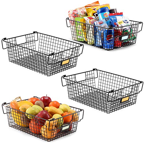 4 Pack [ XXXL Large ] STACKABLE Wire Baskets for Organizing - Pantry Storage and Organization Metal Bins for Produce, Food, Fruit - Kitchen Bathroom Closet Cabinet, Countertop, Under Sink Organizer