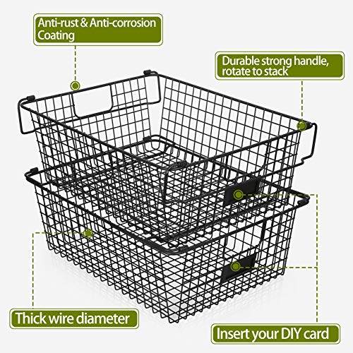 4 Pack [ XXXL Large ] STACKABLE Wire Baskets for Organizing - Pantry Storage and Organization Metal Bins for Produce, Food, Fruit - Kitchen Bathroom Closet Cabinet, Countertop, Under Sink Organizer