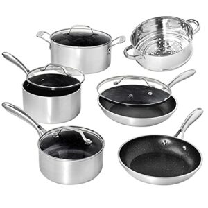 granitestone pots and pans set nonstick, 10 piece complete kitchen cookware set with induction cookware, includes nonstick pots and pans set with lids & stainless-steel steamer, dishwasher safe-silver