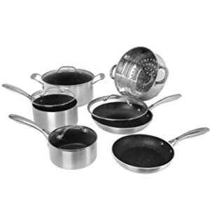 Granitestone Pots and Pans Set Nonstick, 10 Piece Complete Kitchen Cookware Set with Induction Cookware, Includes Nonstick Pots and Pans Set with lids & Stainless-Steel Steamer, Dishwasher Safe-Silver