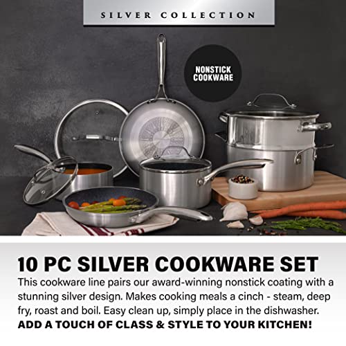 Granitestone Pots and Pans Set Nonstick, 10 Piece Complete Kitchen Cookware Set with Induction Cookware, Includes Nonstick Pots and Pans Set with lids & Stainless-Steel Steamer, Dishwasher Safe-Silver