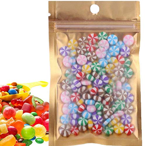 50 Pcs Clear Golden Zip Lock Mylar Bags Aluminum Foil Resealable Plastic Valve Zipper Pouches Bulk Food Storage Foil Lined Grip Seal Wrap (13cm x 8cm)