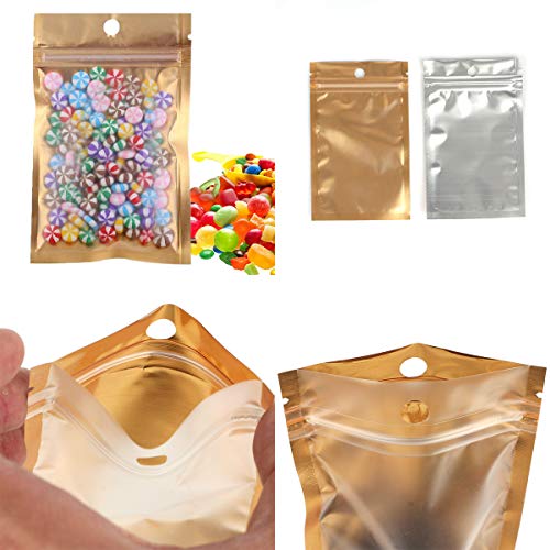 50 Pcs Clear Golden Zip Lock Mylar Bags Aluminum Foil Resealable Plastic Valve Zipper Pouches Bulk Food Storage Foil Lined Grip Seal Wrap (13cm x 8cm)