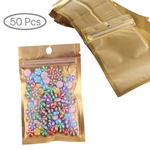 50 Pcs Clear Golden Zip Lock Mylar Bags Aluminum Foil Resealable Plastic Valve Zipper Pouches Bulk Food Storage Foil Lined Grip Seal Wrap (13cm x 8cm)