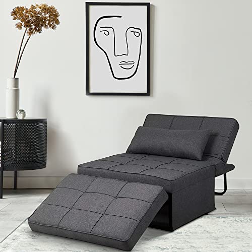 Saemoza Sofa Bed, Ottoman Bed 4 in 1 Multi Function Folding Sleeper Sofa, Breathable Linen Convertible Chair Adjustable Backrest Sleeper Chair for Living Room/Small Apartment, Deep Grey