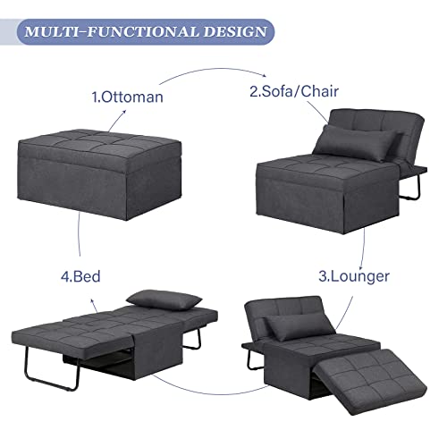 Saemoza Sofa Bed, Ottoman Bed 4 in 1 Multi Function Folding Sleeper Sofa, Breathable Linen Convertible Chair Adjustable Backrest Sleeper Chair for Living Room/Small Apartment, Deep Grey