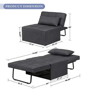 Saemoza Sofa Bed, Ottoman Bed 4 in 1 Multi Function Folding Sleeper Sofa, Breathable Linen Convertible Chair Adjustable Backrest Sleeper Chair for Living Room/Small Apartment, Deep Grey