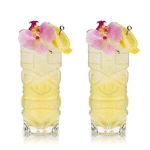 Viski Pacific Tropical Tiki Glasses Set of 2 - Premium Crystal Clear Glass Tumbler, Stylish Tiki Glassware Bar Accessories and Cocktail Glass Gift Set, 14 oz