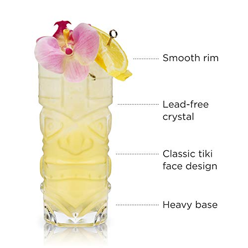 Viski Pacific Tropical Tiki Glasses Set of 2 - Premium Crystal Clear Glass Tumbler, Stylish Tiki Glassware Bar Accessories and Cocktail Glass Gift Set, 14 oz