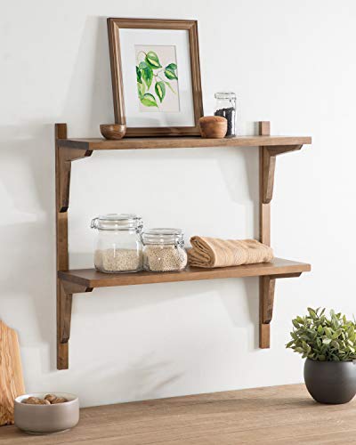 Kate and Laurel Meridien Farmhouse Wood Shelves, 24 x 8 x 24, Rustic Brown, Modern Two Tier Wall Shelf for Storage and Display