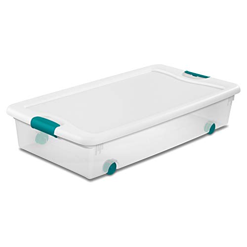 Sterilite 56 Qt./53 L Wheeled Latching Box Clears, Quart, White, 4 Piece & 19859806, 30 Quart/28 Liter Ultra Latch Box, Clear with a White Lid and Black Latches, 6-Pack