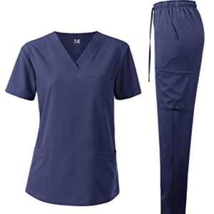 Dagacci Medical Uniform Unisex 4-Way Stretch Scrubs Set Medical Scrubs Top and Pants Navy L