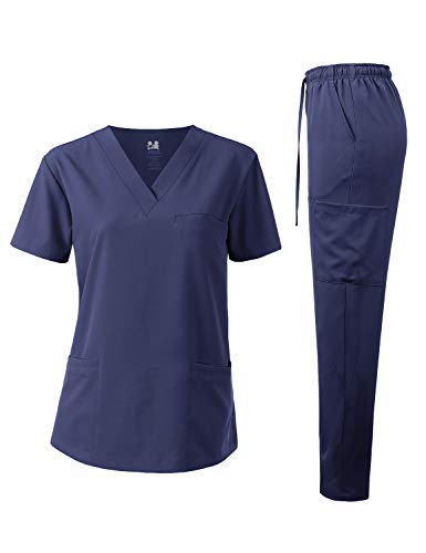 Dagacci Medical Uniform Unisex 4-Way Stretch Scrubs Set Medical Scrubs Top and Pants Navy L