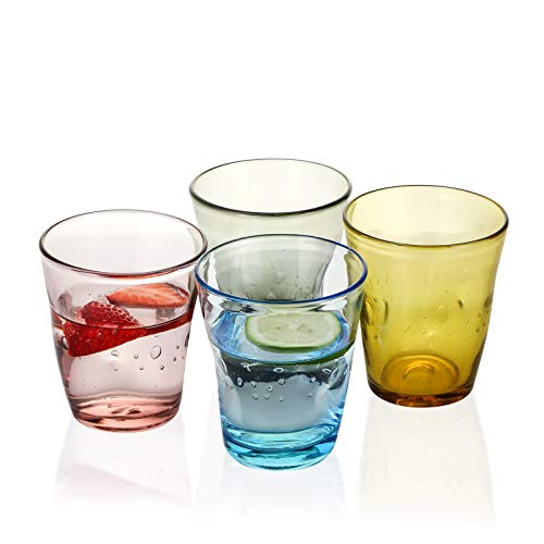 EVEREST GLOBAL Hand Blown Colored Water Glasses Set of 4, 10.9 oz Cute Bubble Tumbler Colorful Glassware for Serving Water Juice Whiskey and More