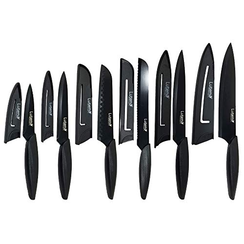 Lutema 12-Piece Kitchen Knife Set 6 Black Colored Knives + 6 Blade Covers