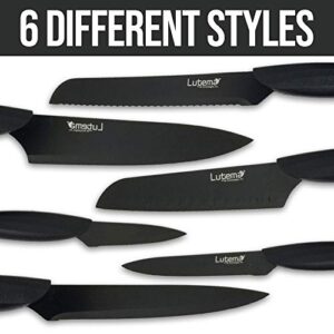 Lutema 12-Piece Kitchen Knife Set 6 Black Colored Knives + 6 Blade Covers