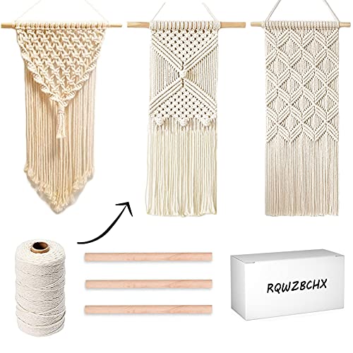 DIY Macrame Wall Hanging Kits, 3 Patterns Macrame DIY Wall Hangers for Beginners, Home Decor with 200 Meters Macrame Cord, 3 PCS Wooden Dowels and Instruction Booklet for Macrame Starters