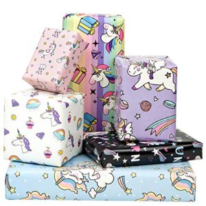 maypluss wrapping paper sheet - folded flat - 6 different adorable design (22.4 sq.ft.ttl.) - uniconrn, rainbow - 19.6 inch x 27.5 inch per sheet