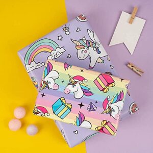 MAYPLUSS Wrapping Paper Sheet - Folded Flat - 6 Different Adorable Design (22.4 sq.ft.ttl.) - Uniconrn, Rainbow - 19.6 inch X 27.5 inch Per Sheet