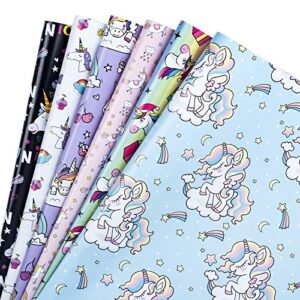 MAYPLUSS Wrapping Paper Sheet - Folded Flat - 6 Different Adorable Design (22.4 sq.ft.ttl.) - Uniconrn, Rainbow - 19.6 inch X 27.5 inch Per Sheet