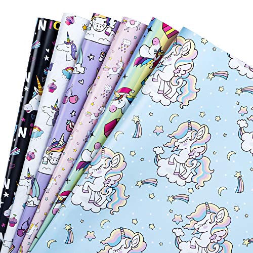 MAYPLUSS Wrapping Paper Sheet - Folded Flat - 6 Different Adorable Design (22.4 sq.ft.ttl.) - Uniconrn, Rainbow - 19.6 inch X 27.5 inch Per Sheet