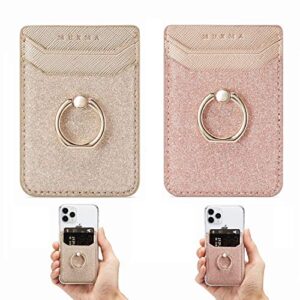 phone card holder sleeve rfid credit wallet with kickstand ring for women, dmaos 2 pieces glitter sands wallet stick-on back grip for iphone samsung android and smartphones - pink + gold