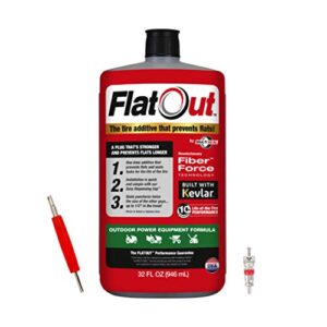 flatout tire sealant outdoor power equipment formula - with valve core tool and replacement valve core, prevent flat tires, seal leaks, contains kevlar, 32-ounce bottle, 1-pack