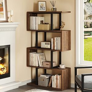 yitahome 5-tier bookshelf, s-shaped z-shelf bookshelves and bookcase, industrial freestanding multifunctional decorative storage shelving for living room home office, retro brown