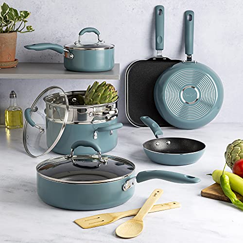 Goodful Cookware Set with Premium Non-Stick Coating, Dishwasher Safe Pots and Pans, Tempered Glass Steam Vented Lids, Stainless Steel Steamer, and Bamboo Cooking Utensils Set, 12-Piece, Turquoise