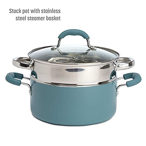 Goodful Cookware Set with Premium Non-Stick Coating, Dishwasher Safe Pots and Pans, Tempered Glass Steam Vented Lids, Stainless Steel Steamer, and Bamboo Cooking Utensils Set, 12-Piece, Turquoise