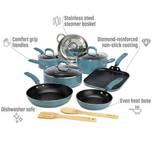 Goodful Cookware Set with Premium Non-Stick Coating, Dishwasher Safe Pots and Pans, Tempered Glass Steam Vented Lids, Stainless Steel Steamer, and Bamboo Cooking Utensils Set, 12-Piece, Turquoise