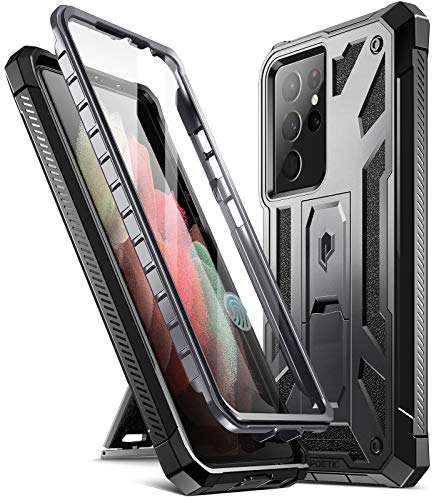 Poetic Spartan Case for Samsung Galaxy S21 Ultra 5G 6.8 inch, Built-in Screen Protector Work with Fingerprint ID, Full Body Rugged Shockproof Protective Cover Case with Kickstand, Metallic Gun Metal