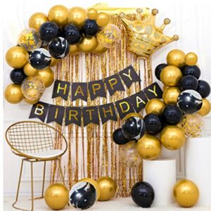 black gold birthday party decoration set, including happy birthday banner, balloons, metallic fringe curtain, flower pompoms, golden crown, suit perfect for girls or boys, men or women birthday party