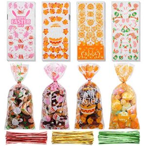 ccinee 120pcs easter treat bags,cellophane cookie bags with twist ties egg bunny candy bags for kids easter party supply