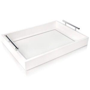 deluxe tray for coffee table – beautiful white tray decor, white coffee table tray decor, white serving tray with silver metal handles for your home -16x12