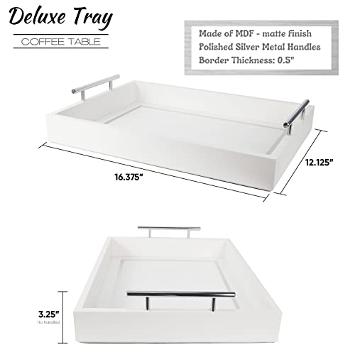 Deluxe Tray for Coffee Table – Beautiful White Tray Decor, White Coffee Table Tray Decor, White Serving Tray with Silver Metal Handles for Your Home -16x12