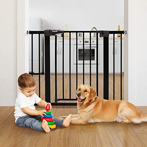 BABELIO 26-40 Inch Easy Install Extra Wide Pressure Mounted Metal Baby Gate, No Drilling, No Tools Required, with Wall Protectors and Extenders (Black)