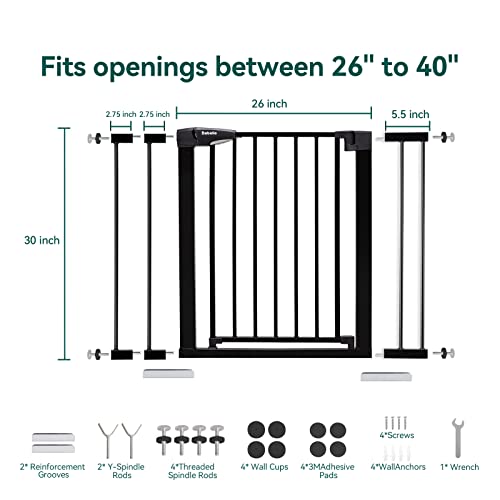 BABELIO 26-40 Inch Easy Install Extra Wide Pressure Mounted Metal Baby Gate, No Drilling, No Tools Required, with Wall Protectors and Extenders (Black)