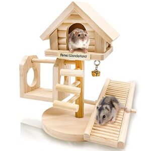 hamiledyi natural dwarf hamster house double decker wooden castle small animal hideout huts with stair diy pet living playground climbing ladder slide training play toys for syrian mice rats