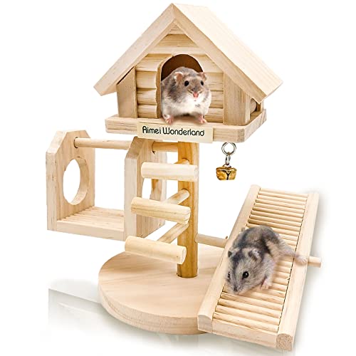 Hamiledyi Natural Dwarf Hamster House Double Decker Wooden Castle Small Animal Hideout Huts with Stair DIY Pet Living Playground Climbing Ladder Slide Training Play Toys for Syrian Mice Rats