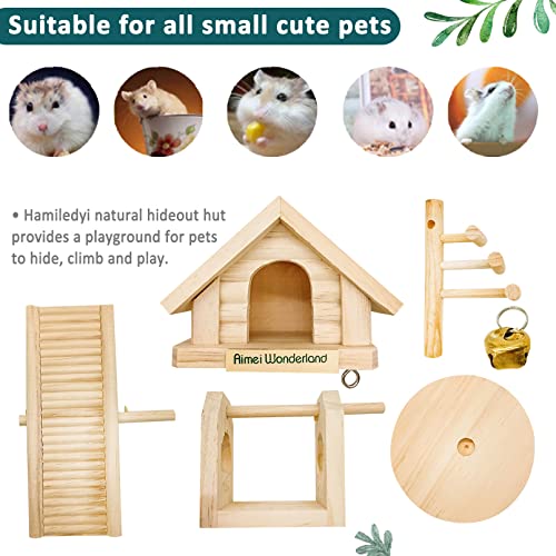 Hamiledyi Natural Dwarf Hamster House Double Decker Wooden Castle Small Animal Hideout Huts with Stair DIY Pet Living Playground Climbing Ladder Slide Training Play Toys for Syrian Mice Rats